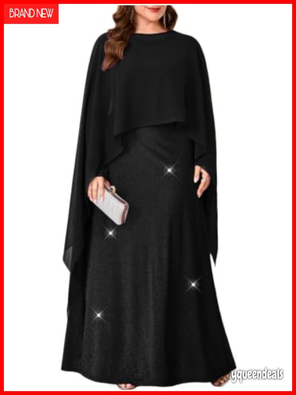 Plus Size Sparkly Formal Evening Gown Maxi Dress with Chiffon Cape